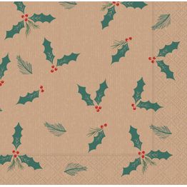 33cm Swantex 2Ply Kraft Jolly Holly Paper Napkins X32-KJH