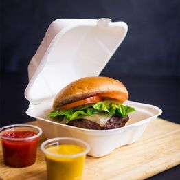 Vegware B005 5in Bagasse Burger Box alternative