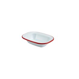 Enamel Rectangular Pie Dish White with Red Rim 16cm