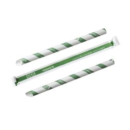 Vegware PS12-GSW Bubble Tea Green Stripe 12mm Wrapped Paper Straw