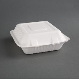 Fiesta Compostable Bagasse Hinged 3-Compartment Food Containers 201mm