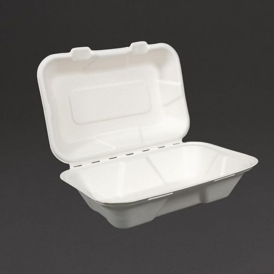 Vegware VA-SH89 Compostable Bagasse Clamshell Hinged Meal Boxes 228mm