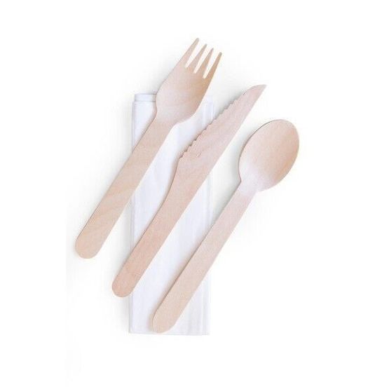 Compostable Wooden Cutlery Pack (Knife, Fork, Napkin &amp; Spoon)