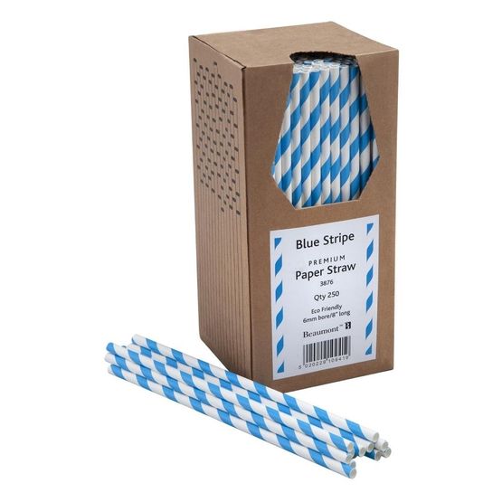 Beaumont Blue &amp; White Stripped Bore Paper Straw 8 Inch 6mm
