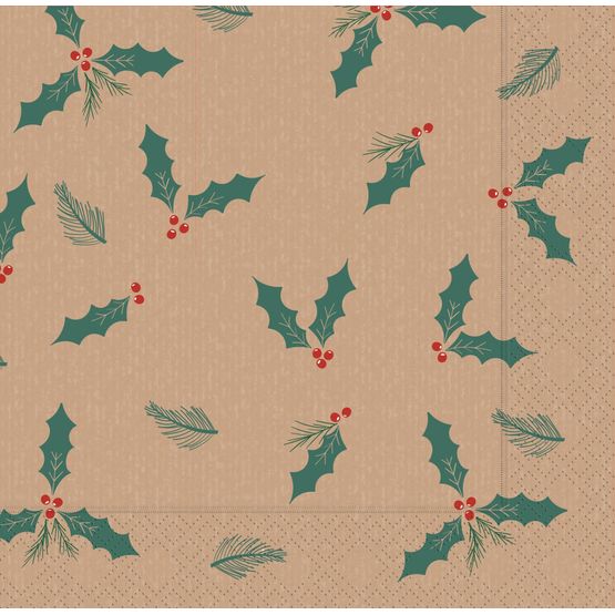 33cm Swantex 2Ply Kraft Jolly Holly Paper Napkins X32-KJH
