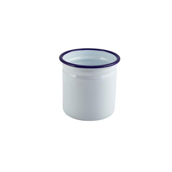 Enamel Cutlery Holder White with Blue Rim 11.5cm Dia