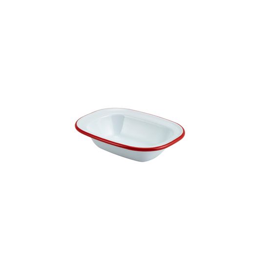 Enamel Rectangular Pie Dish White with Red Rim 16cm