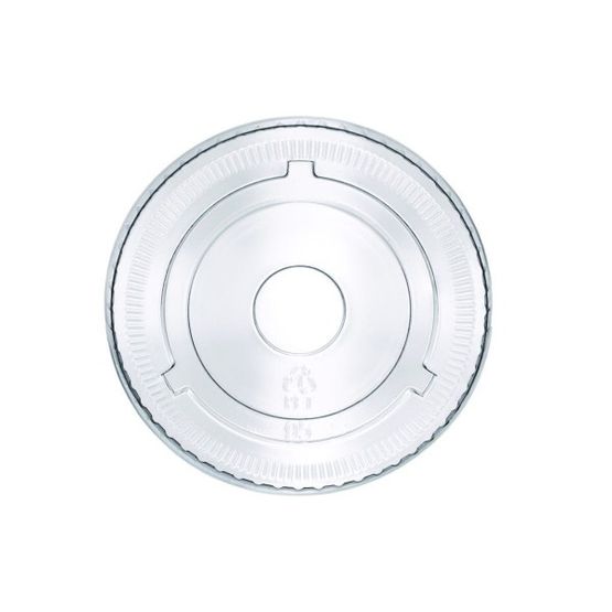 Vegware EP-CRFL-EP 10-20oz BlueStripe rPET Flat Lid with Straw Slot