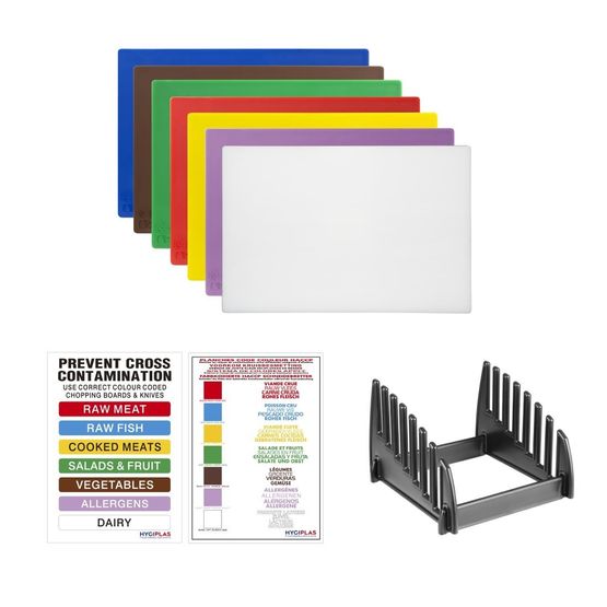 Hygiplas Low Density Chopping Board Set with Rack 450x300x10mm
